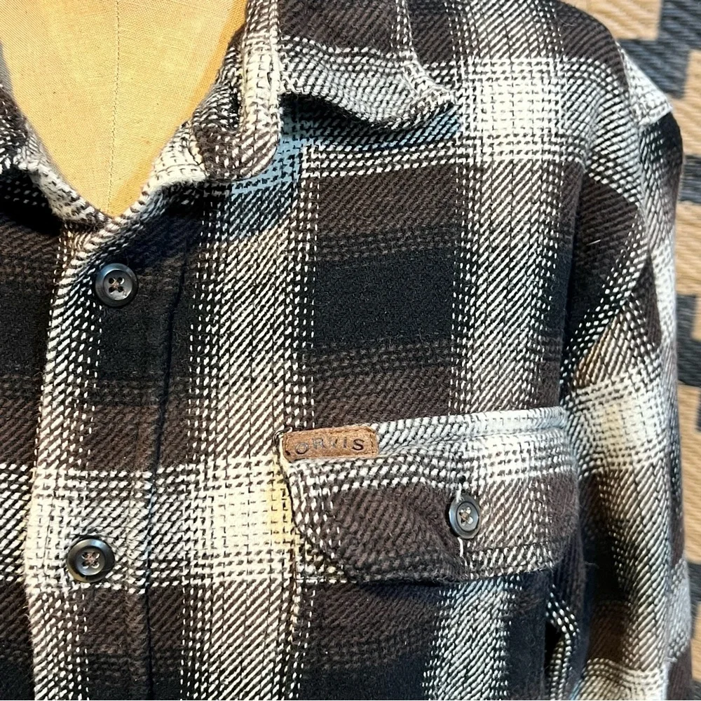 Orvis earthy tartan plaid flannel heavy shirt jacket shacket button down neutral